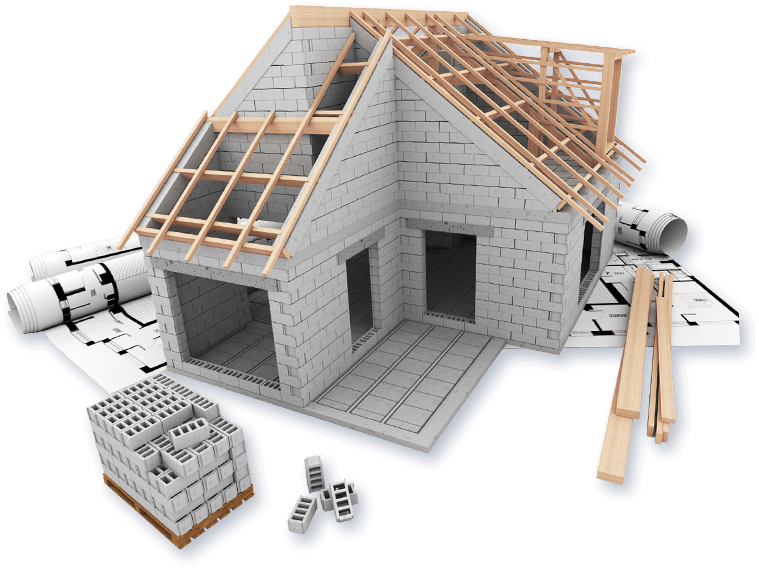 A partially built house with exposed wooden rafters, concrete blocks, architectural plans, and construction materials scattered around.